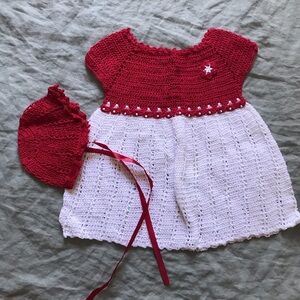 Crochet red and white New Born Baby Dress And Hat Read